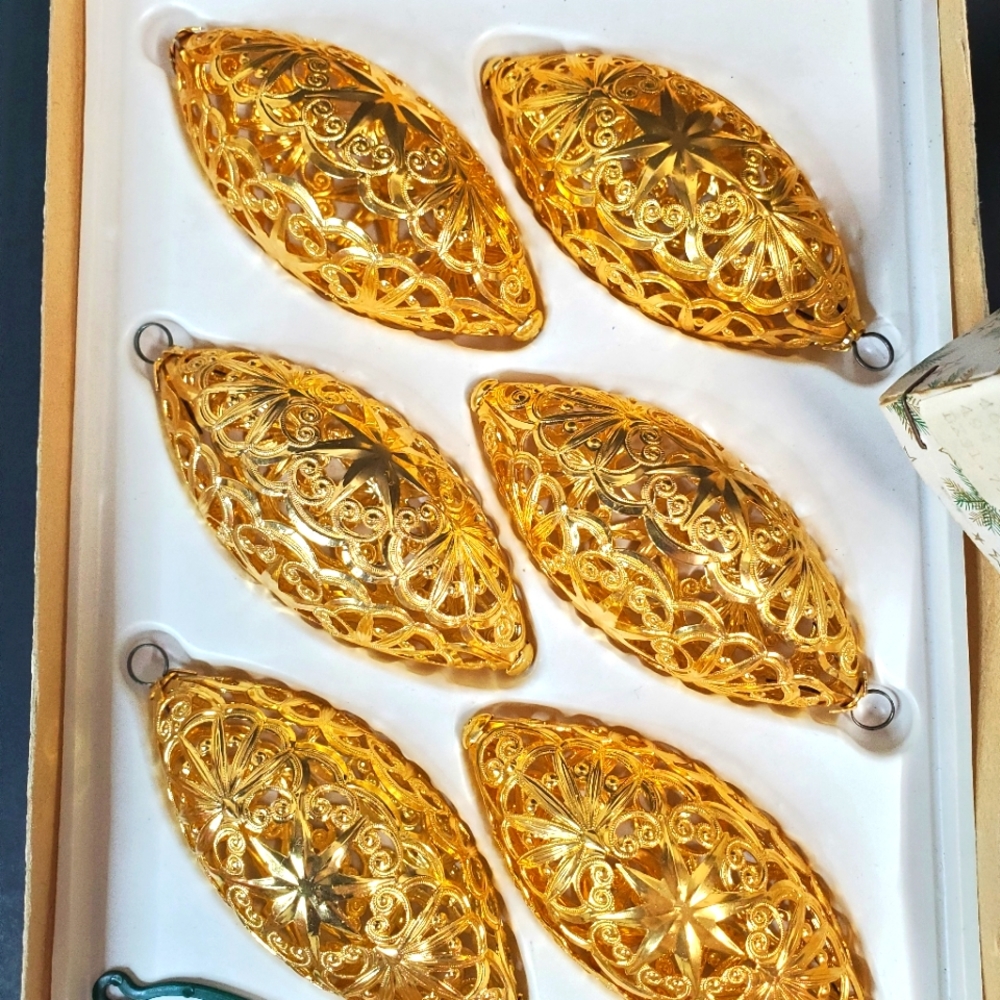 6 Gold Tone Filigree West Germany Christmas Ornaments